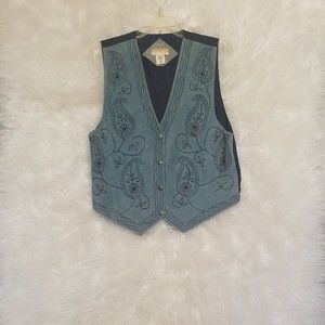 Leather Suede Light Blue Dark Blue Paisley Embroidery Vest Women size M